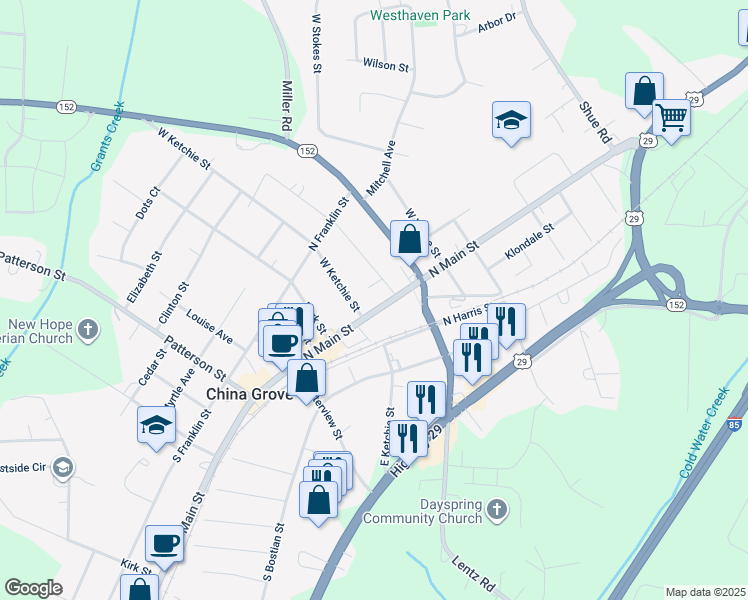 map of restaurants, bars, coffee shops, grocery stores, and more near 106 West Ketchie Street in China Grove