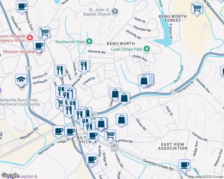 map of restaurants, bars, coffee shops, grocery stores, and more near 81 Caledonia Road in Asheville