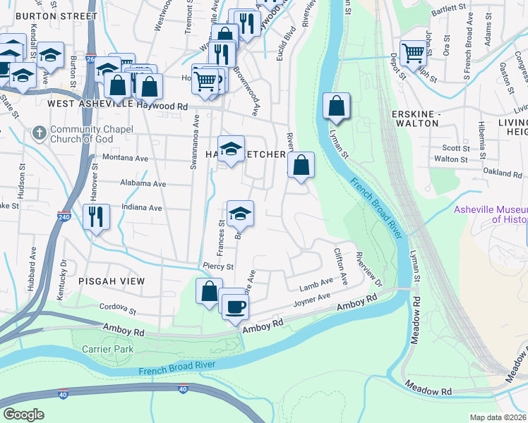 map of restaurants, bars, coffee shops, grocery stores, and more near 19 Mountain Song Lane in Asheville