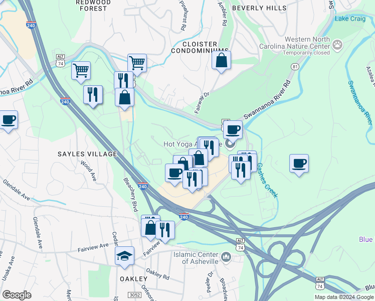 map of restaurants, bars, coffee shops, grocery stores, and more near 1298 River Ridge Drive in Asheville