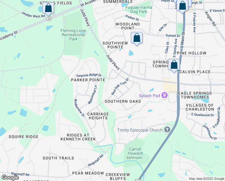map of restaurants, bars, coffee shops, grocery stores, and more near 812 Red Oak Tree Drive in Fuquay Varina