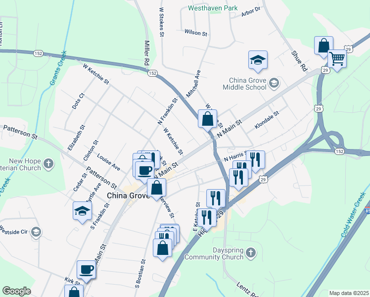 map of restaurants, bars, coffee shops, grocery stores, and more near 405 North Main Street in China Grove