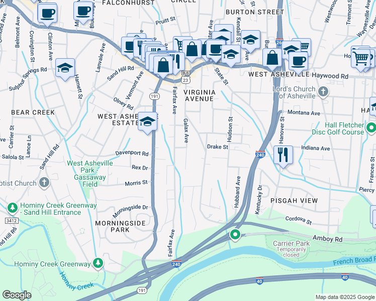 map of restaurants, bars, coffee shops, grocery stores, and more near 72 Galax Avenue in Asheville
