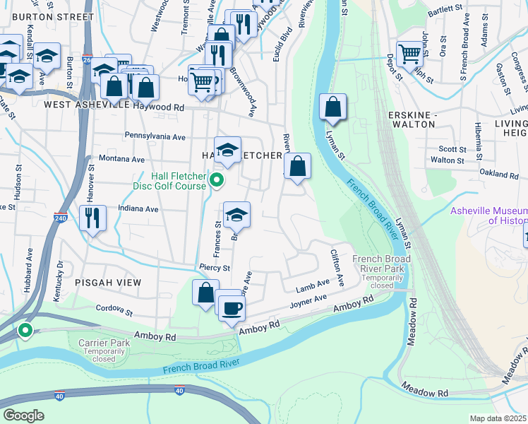 map of restaurants, bars, coffee shops, grocery stores, and more near 19 Mountain Song Lane in Asheville