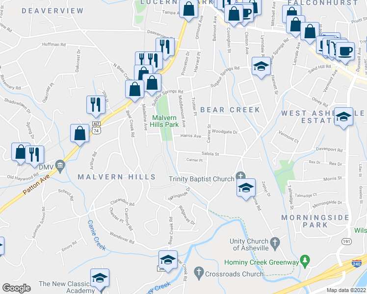 map of restaurants, bars, coffee shops, grocery stores, and more near 135 Salola Street in Asheville