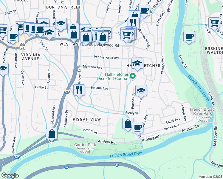map of restaurants, bars, coffee shops, grocery stores, and more near 156 Michigan Avenue in Asheville