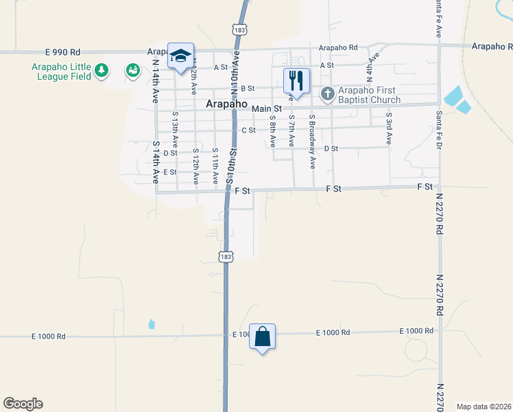 map of restaurants, bars, coffee shops, grocery stores, and more near 507 Lacy Terrace in Arapaho