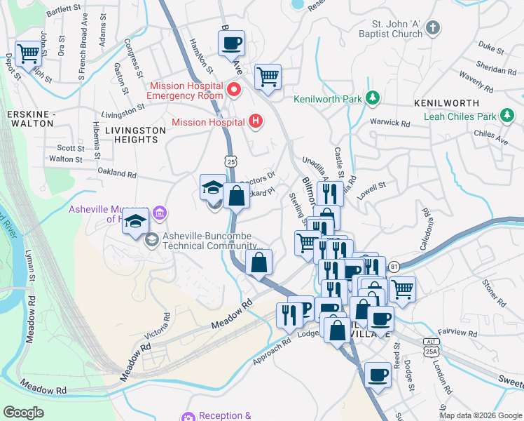 map of restaurants, bars, coffee shops, grocery stores, and more near 15 Grindstaff Drive in Asheville