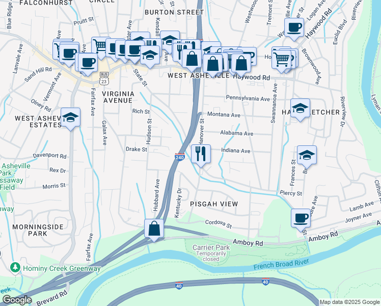 map of restaurants, bars, coffee shops, grocery stores, and more near 209 State Street in Asheville