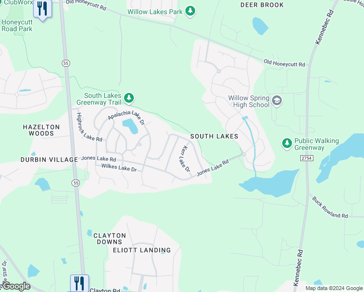 map of restaurants, bars, coffee shops, grocery stores, and more near 715 Kerr Lake Drive in Fuquay-Varina