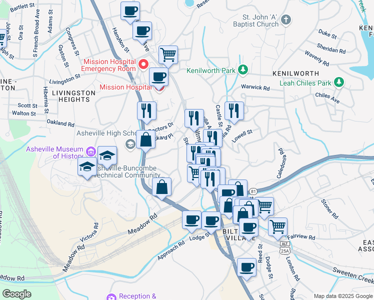 map of restaurants, bars, coffee shops, grocery stores, and more near 99999 Sterling Street in Asheville
