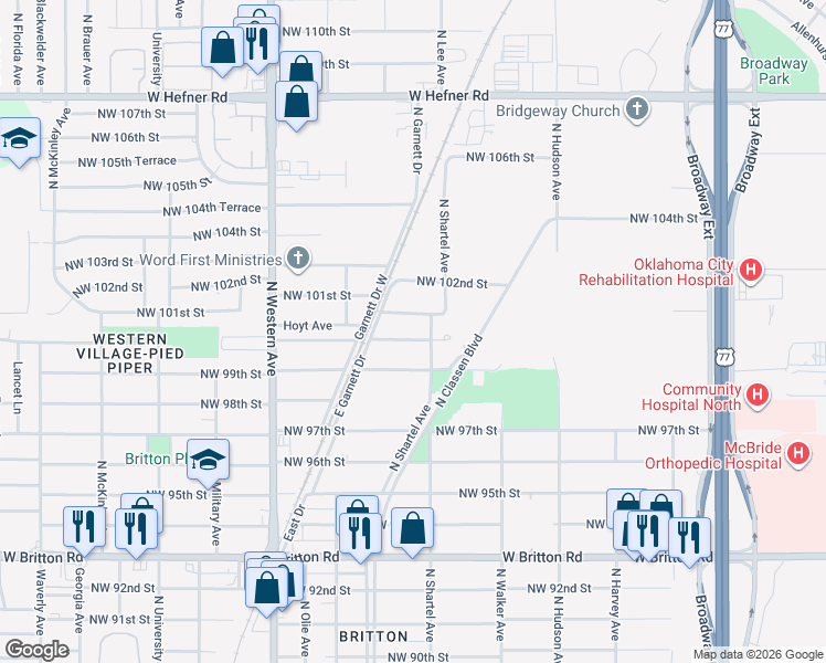 map of restaurants, bars, coffee shops, grocery stores, and more near 705 Northwest 100th Street in Oklahoma City