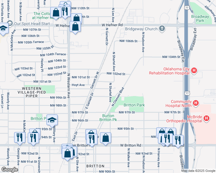 map of restaurants, bars, coffee shops, grocery stores, and more near 705 Northwest 100th Street in Oklahoma City