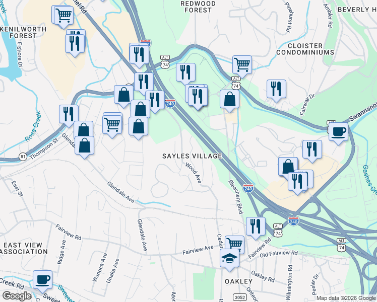 map of restaurants, bars, coffee shops, grocery stores, and more near 18 Wood Avenue in Asheville