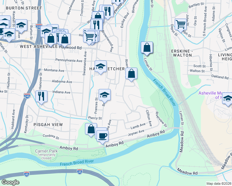 map of restaurants, bars, coffee shops, grocery stores, and more near 19 Mountain Song Lane in Asheville