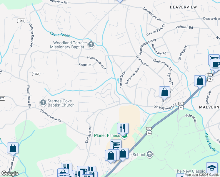 map of restaurants, bars, coffee shops, grocery stores, and more near 313 Iron Ridge Loop in Asheville