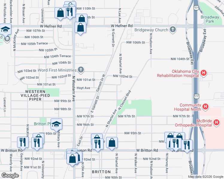 map of restaurants, bars, coffee shops, grocery stores, and more near 705 Northwest 100th Street in Oklahoma City
