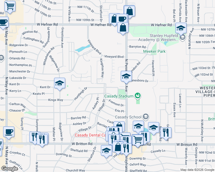 map of restaurants, bars, coffee shops, grocery stores, and more near 2200 Huntleigh Drive in The Village