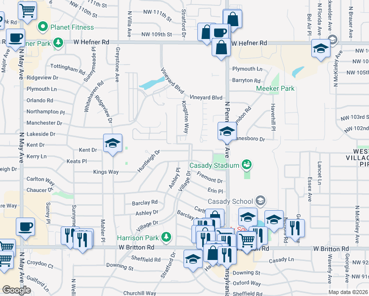 map of restaurants, bars, coffee shops, grocery stores, and more near 2200 Huntleigh Drive in The Village