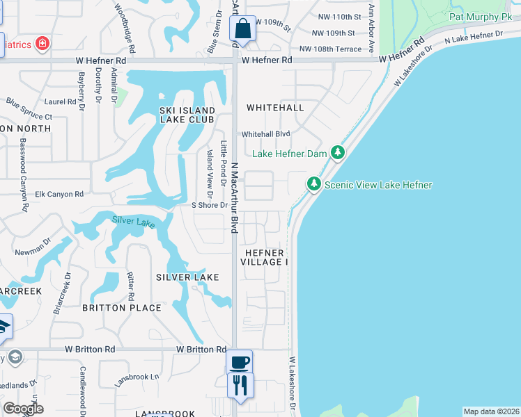map of restaurants, bars, coffee shops, grocery stores, and more near 10125 Hefner Village Terrace in Oklahoma City