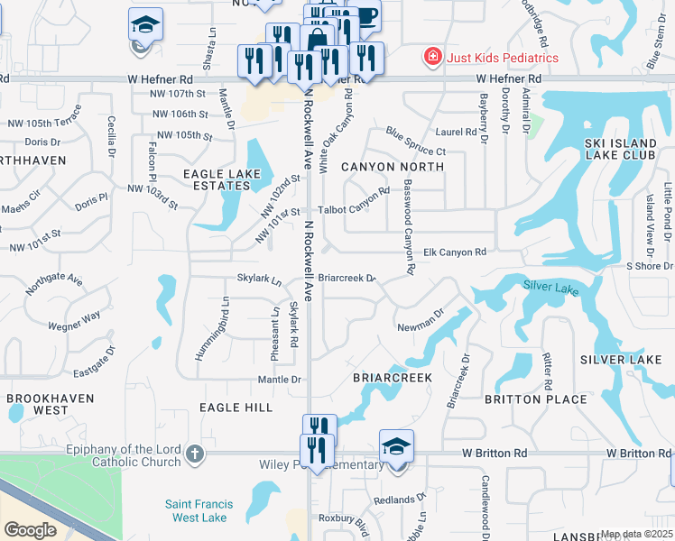 map of restaurants, bars, coffee shops, grocery stores, and more near 6925 Briarcreek Drive in Oklahoma City