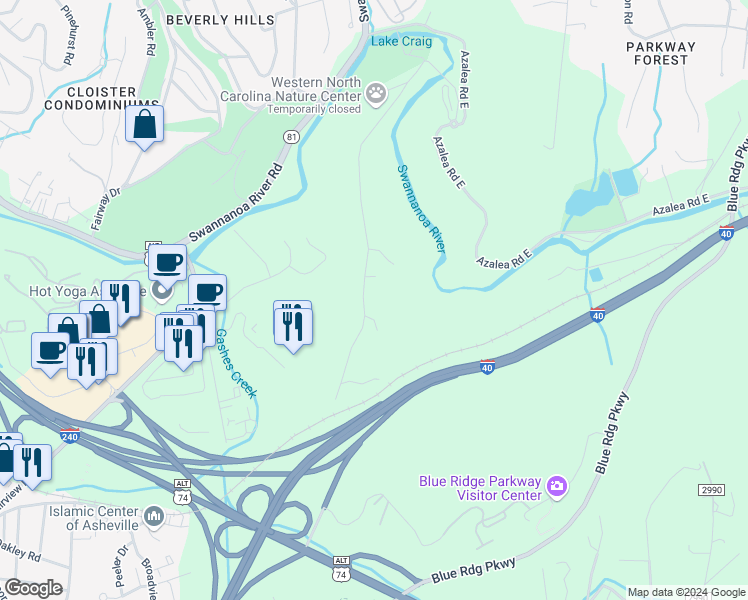 map of restaurants, bars, coffee shops, grocery stores, and more near 152 Gashes Creek Road in Asheville