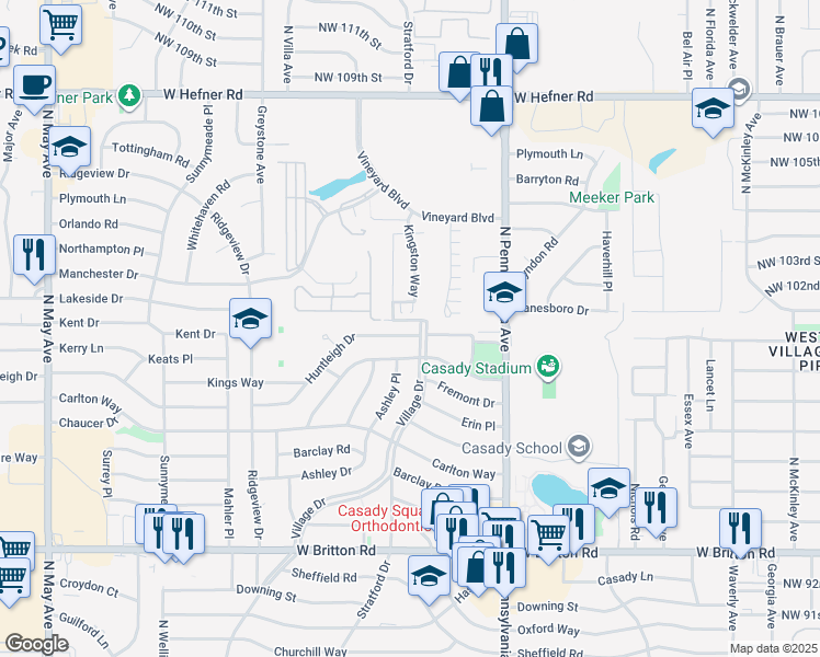 map of restaurants, bars, coffee shops, grocery stores, and more near 2200 Huntleigh Drive in The Village