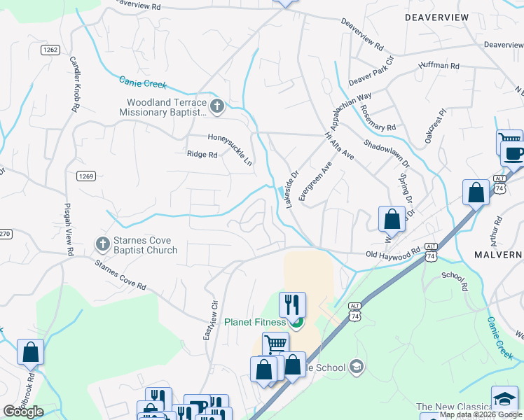 map of restaurants, bars, coffee shops, grocery stores, and more near 313 Iron Ridge Loop in Asheville