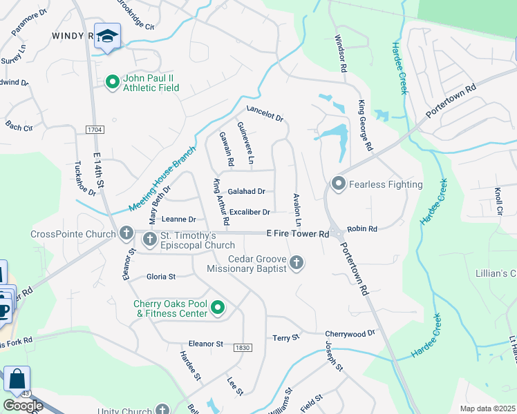 map of restaurants, bars, coffee shops, grocery stores, and more near 113 Excaliber Drive in Greenville