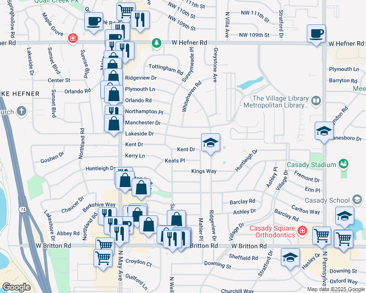 map of restaurants, bars, coffee shops, grocery stores, and more near 2618 Kent Drive in The Village