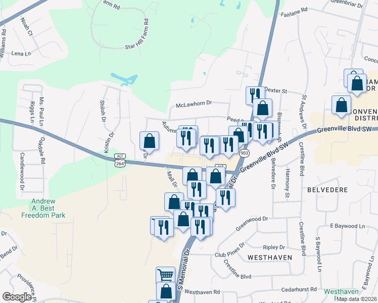 map of restaurants, bars, coffee shops, grocery stores, and more near 744 Greenville Boulevard Southwest in Greenville