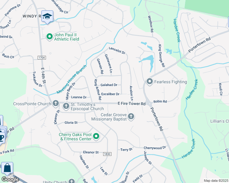 map of restaurants, bars, coffee shops, grocery stores, and more near 113 Excaliber Drive in Greenville