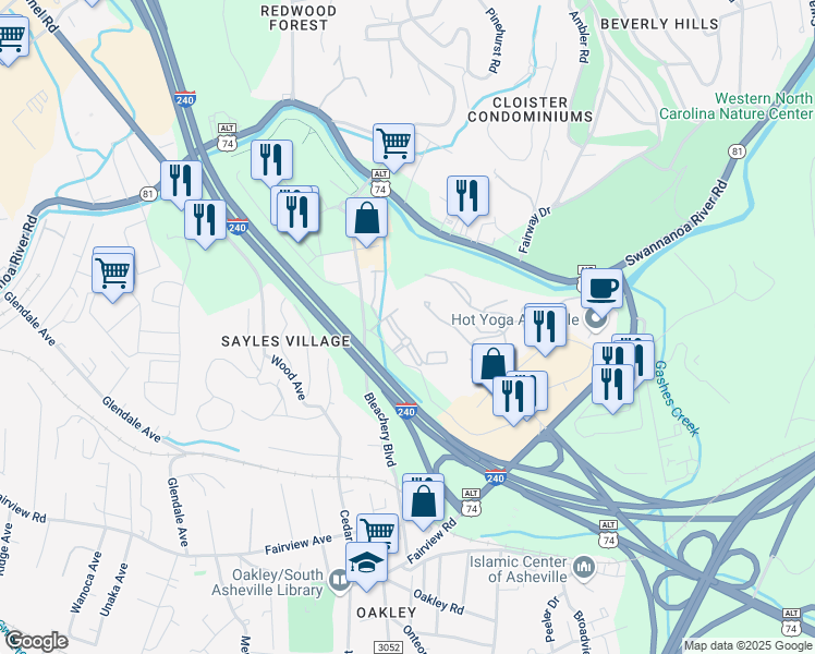 map of restaurants, bars, coffee shops, grocery stores, and more near 5420 Verde Vista Circle in Asheville