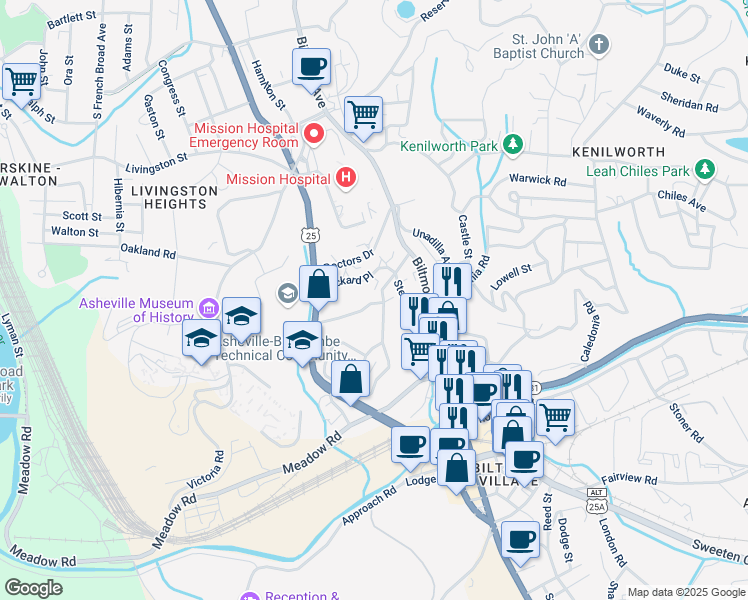 map of restaurants, bars, coffee shops, grocery stores, and more near 85 Saint Dunstans Road in Asheville