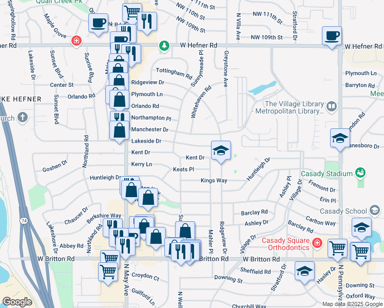 map of restaurants, bars, coffee shops, grocery stores, and more near 2618 Kent Drive in The Village