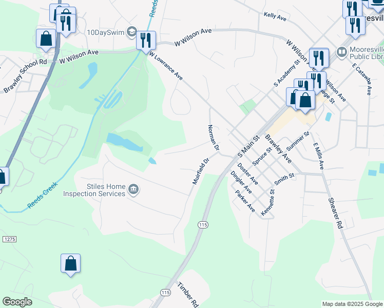 map of restaurants, bars, coffee shops, grocery stores, and more near 140 Club Drive in Mooresville