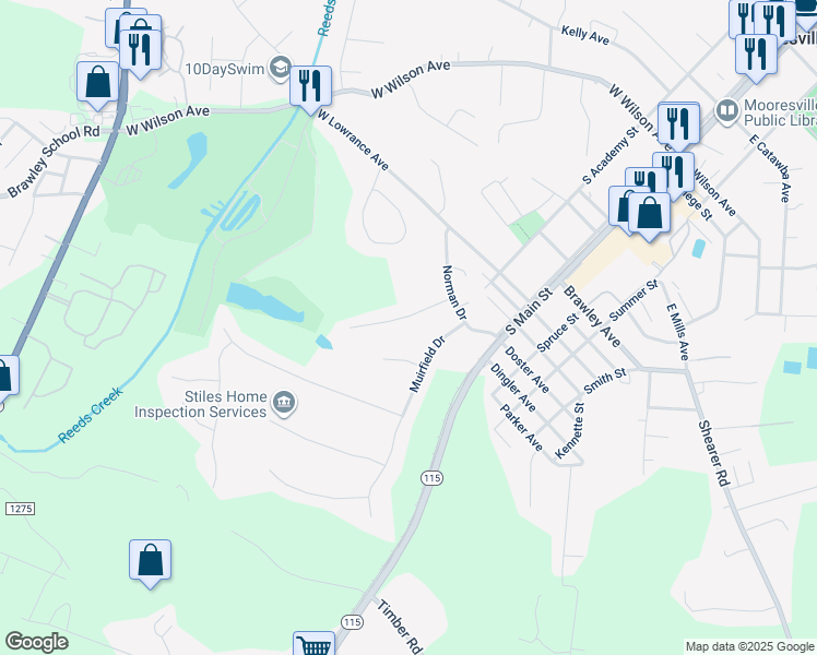 map of restaurants, bars, coffee shops, grocery stores, and more near 140 Club Drive in Mooresville