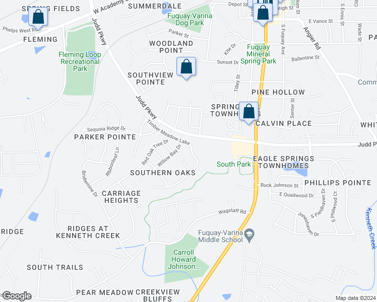 map of restaurants, bars, coffee shops, grocery stores, and more near 446 Timber Meadow Lake Drive in Fuquay-Varina
