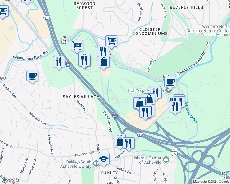 map of restaurants, bars, coffee shops, grocery stores, and more near 4110 Verde Vista Circle in Asheville