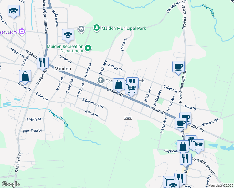 map of restaurants, bars, coffee shops, grocery stores, and more near 610 East Main Street in Maiden