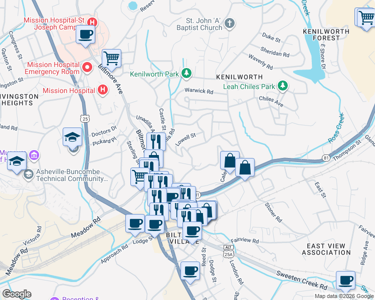 map of restaurants, bars, coffee shops, grocery stores, and more near 67 Caledonia Road in Asheville