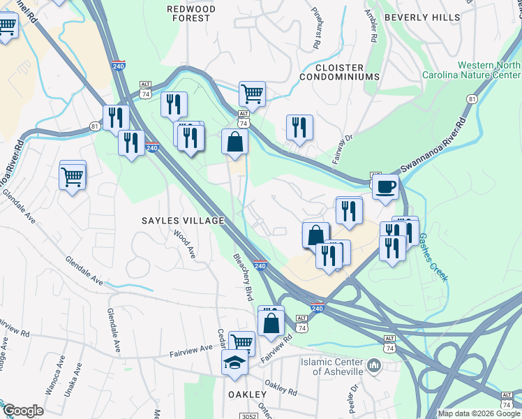 map of restaurants, bars, coffee shops, grocery stores, and more near 5420 Verde Vista Circle in Asheville