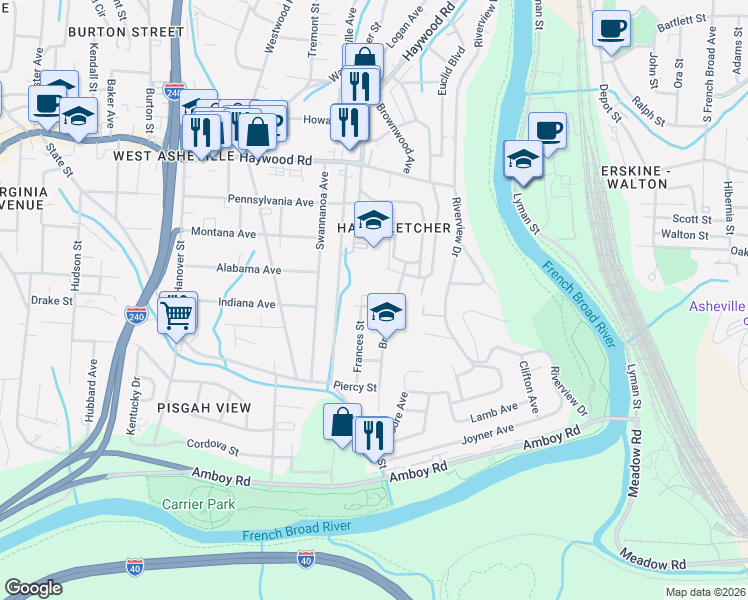 map of restaurants, bars, coffee shops, grocery stores, and more near 57 Bradley Street in Asheville