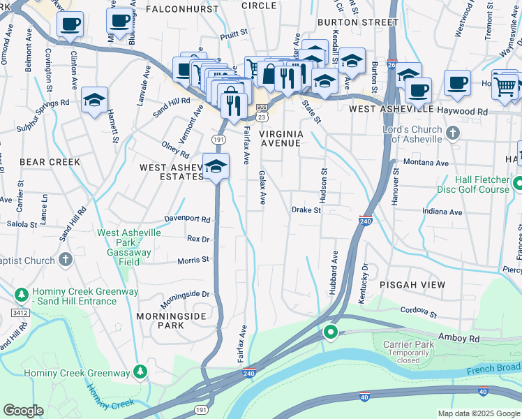 map of restaurants, bars, coffee shops, grocery stores, and more near 146 Fairfax Avenue in Asheville