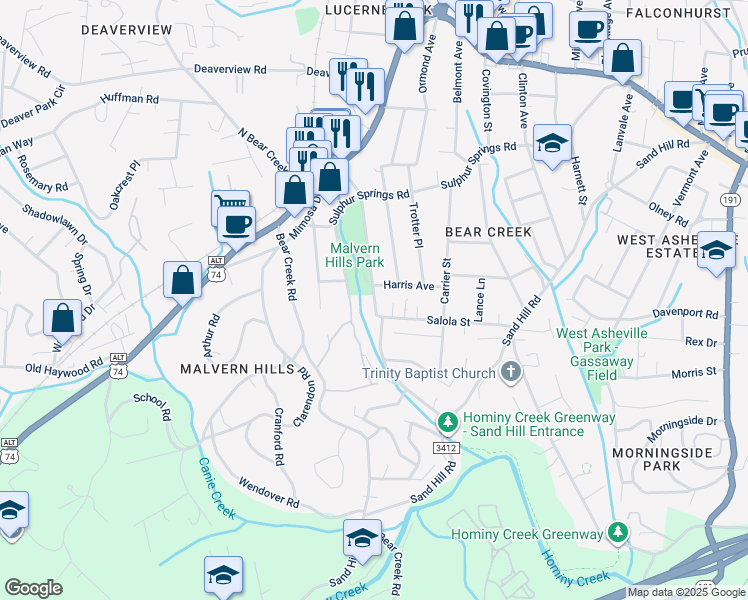 map of restaurants, bars, coffee shops, grocery stores, and more near 135 Salola Street in Asheville
