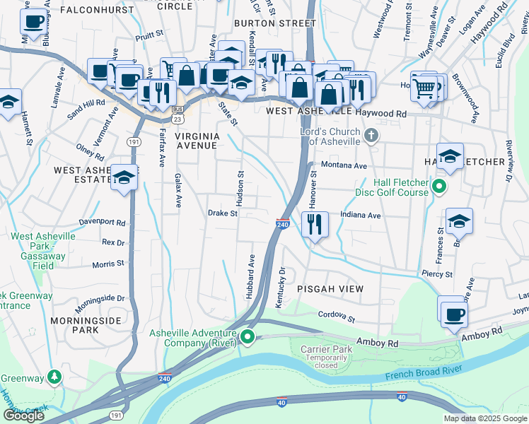 map of restaurants, bars, coffee shops, grocery stores, and more near 15 Gratitude Drive in Asheville