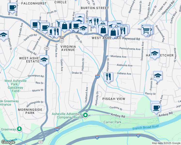 map of restaurants, bars, coffee shops, grocery stores, and more near 15 Gratitude Drive in Asheville