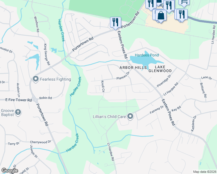 map of restaurants, bars, coffee shops, grocery stores, and more near 417 Knoll Circle in Greenville