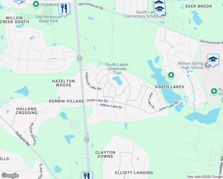 map of restaurants, bars, coffee shops, grocery stores, and more near 743 Shoals Lake Drive in Fuquay-Varina