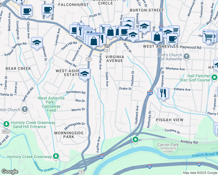 map of restaurants, bars, coffee shops, grocery stores, and more near 72 Galax Avenue in Asheville